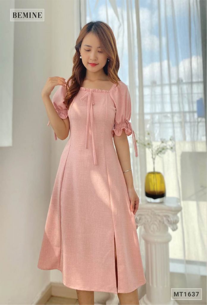 MT1637HONG - Đầm suông cổ vuông chun tay