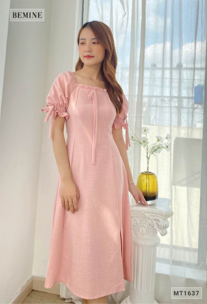 MT1637HONG - Đầm suông cổ vuông chun tay