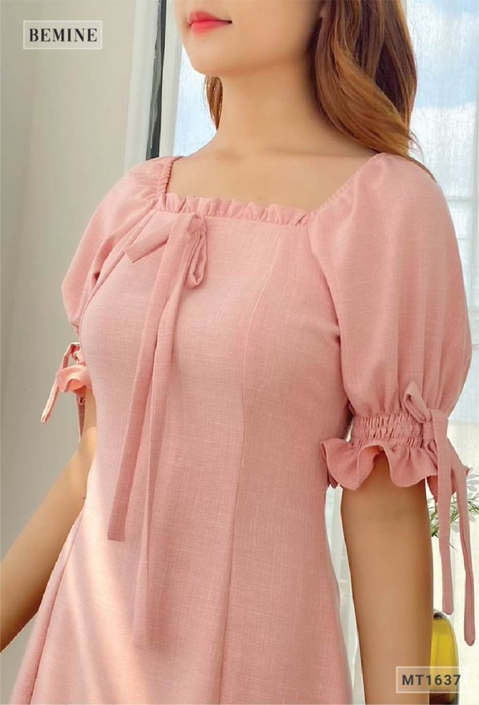 MT1637HONG - Đầm suông cổ vuông chun tay