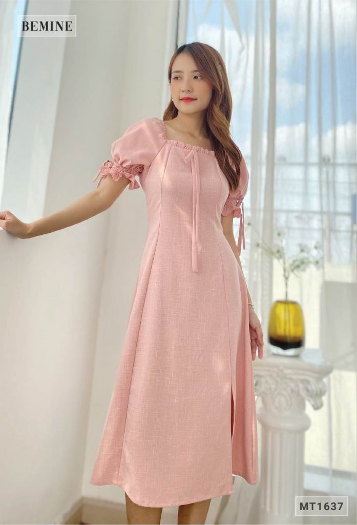 MT1637HONG - Đầm suông cổ vuông chun tay