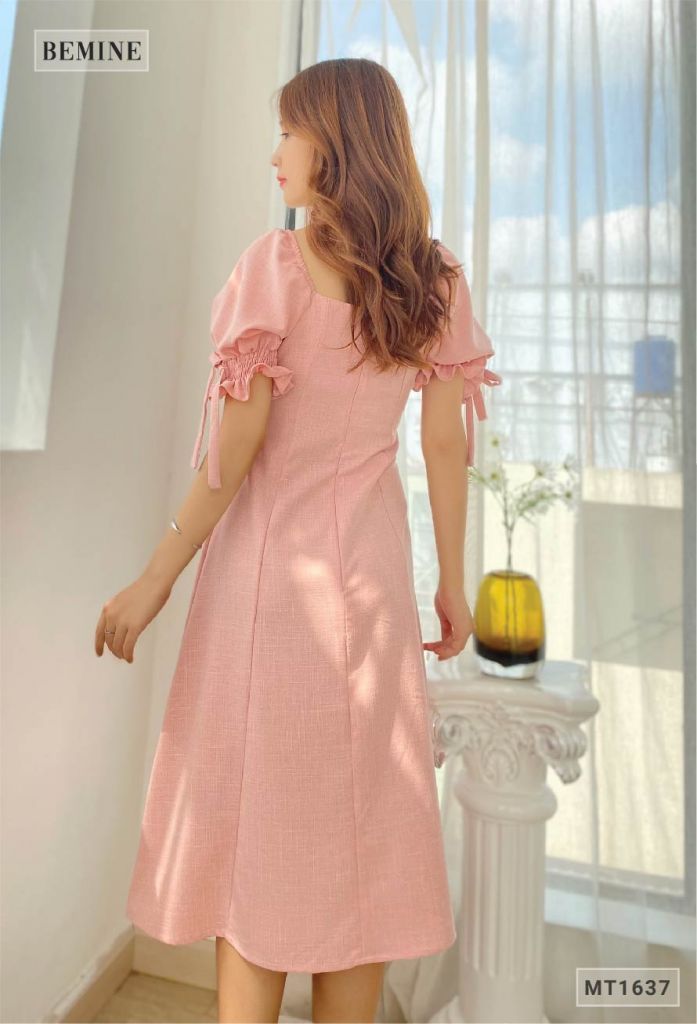 MT1637HONG - Đầm suông cổ vuông chun tay