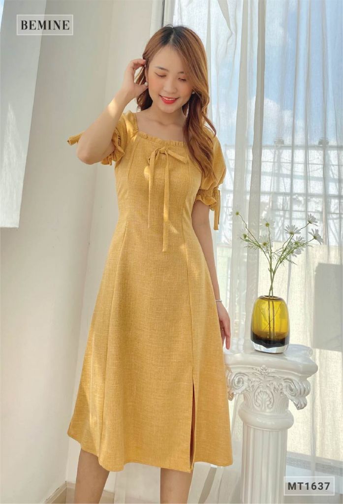 MT1637VANG - Đầm suông cổ vuông chun tay