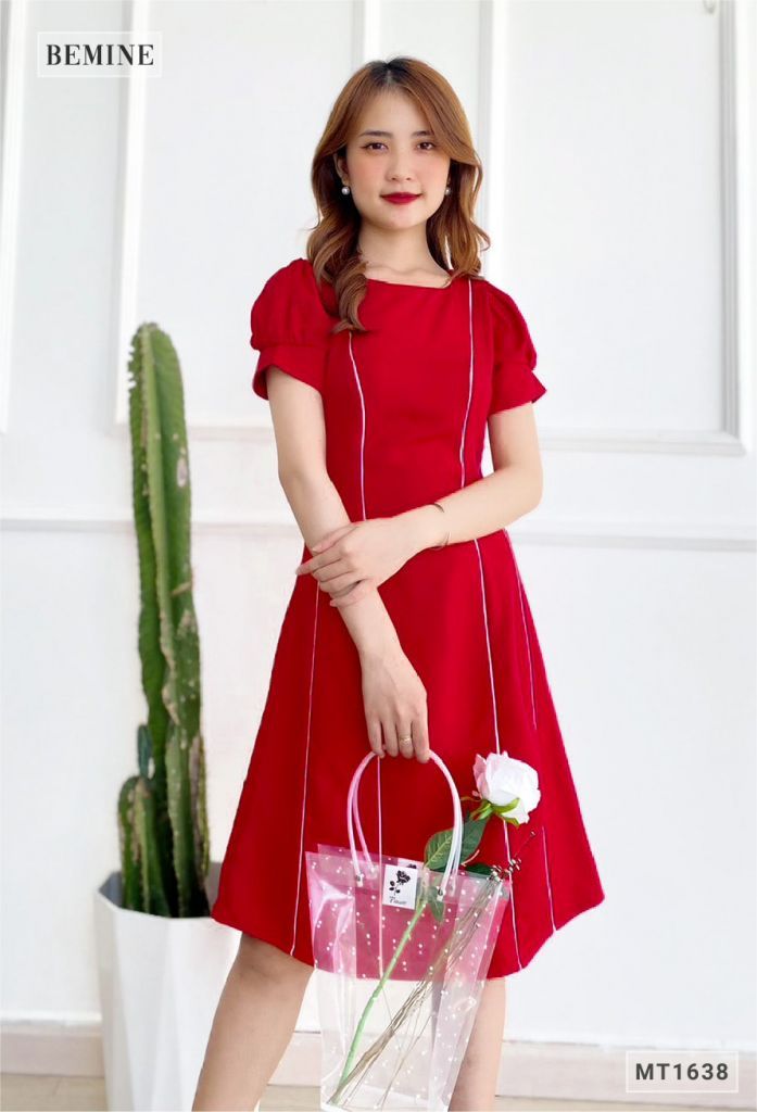 MT1638DO - Đầm suông tay bồng phối sọc