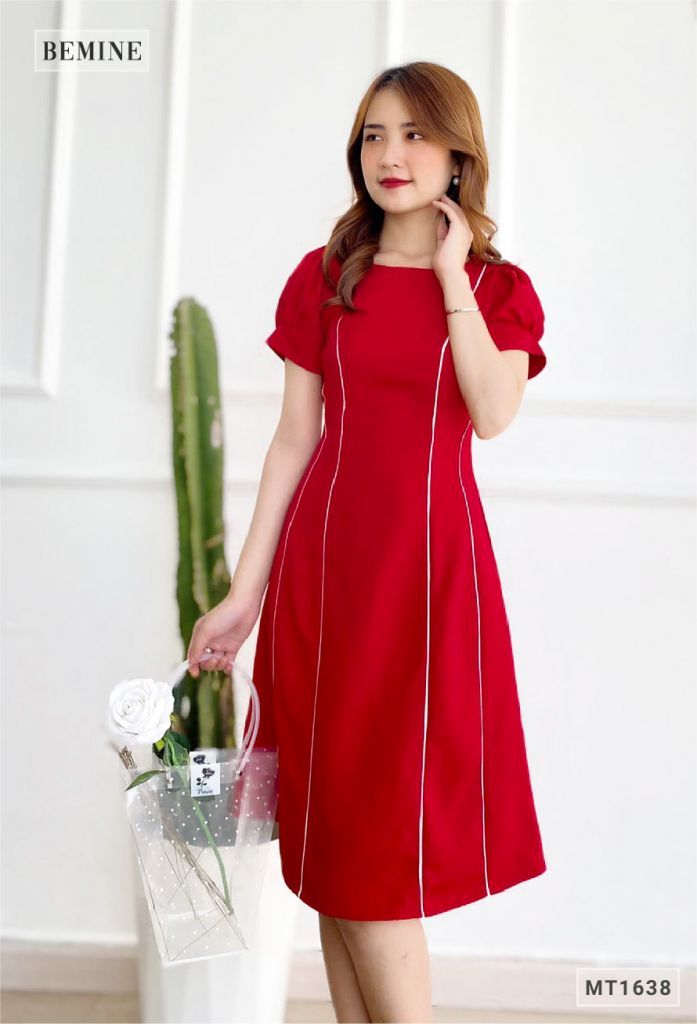 MT1638DO - Đầm suông tay bồng phối sọc