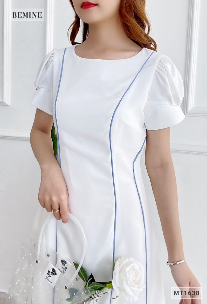 MT1638TRANG - Đầm suông tay bồng phối sọc