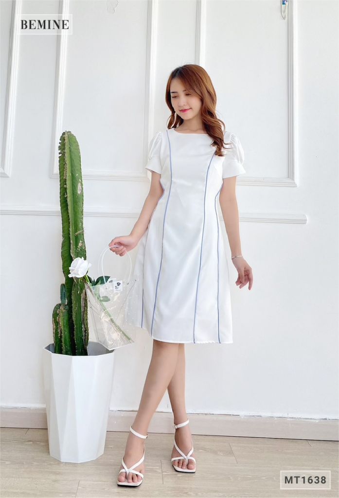MT1638TRANG - Đầm suông tay bồng phối sọc