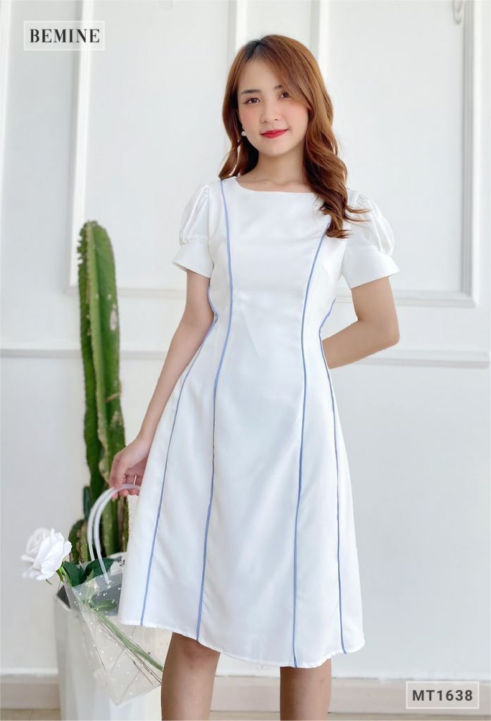 MT1638TRANG - Đầm suông tay bồng phối sọc