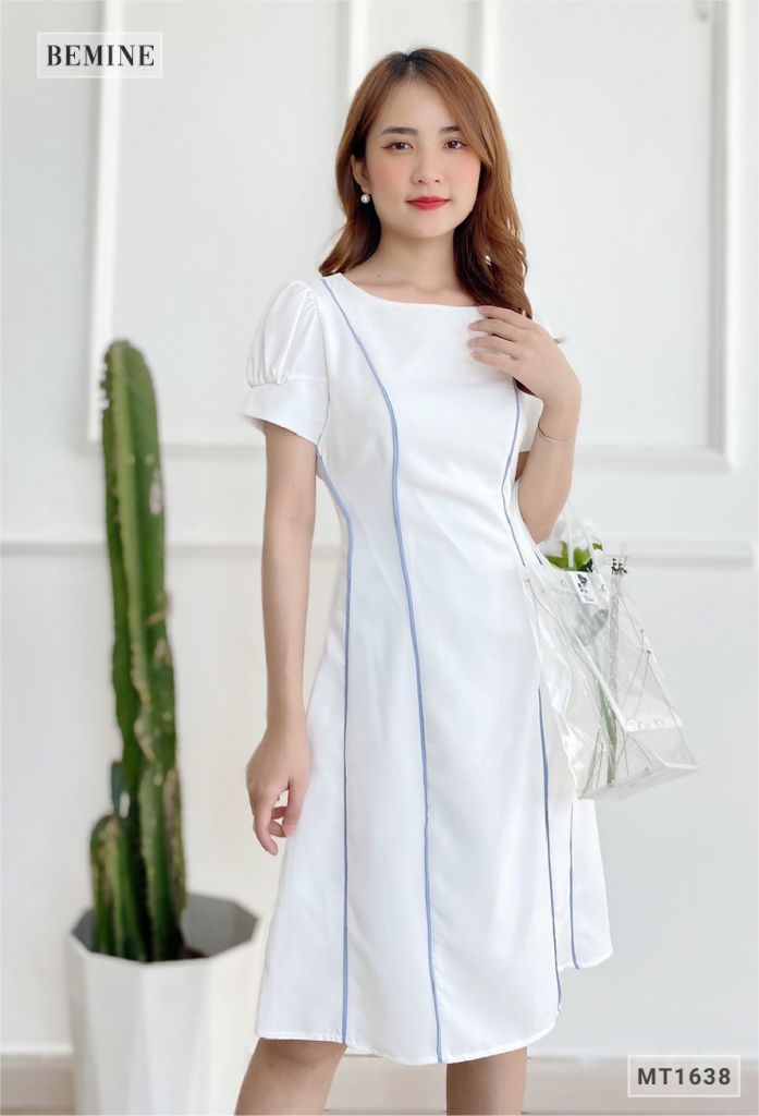 MT1638TRANG - Đầm suông tay bồng phối sọc