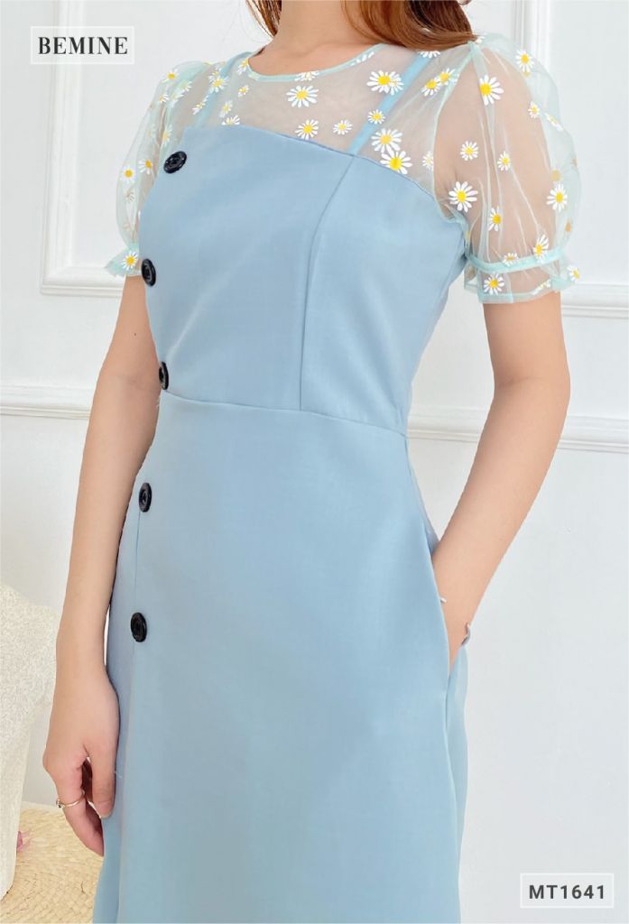 MT1641XANH - Đầm đính nút lệch phối cổ