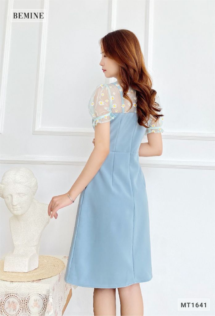 MT1641XANH - Đầm đính nút lệch phối cổ