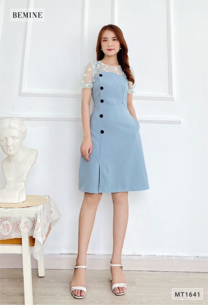 MT1641XANH - Đầm đính nút lệch phối cổ