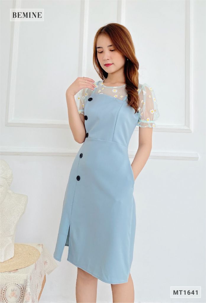 MT1641XANH - Đầm đính nút lệch phối cổ