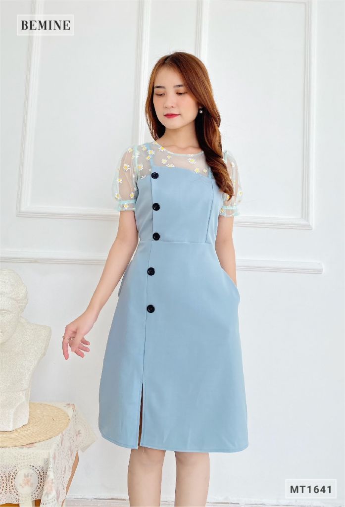 MT1641XANH - Đầm đính nút lệch phối cổ