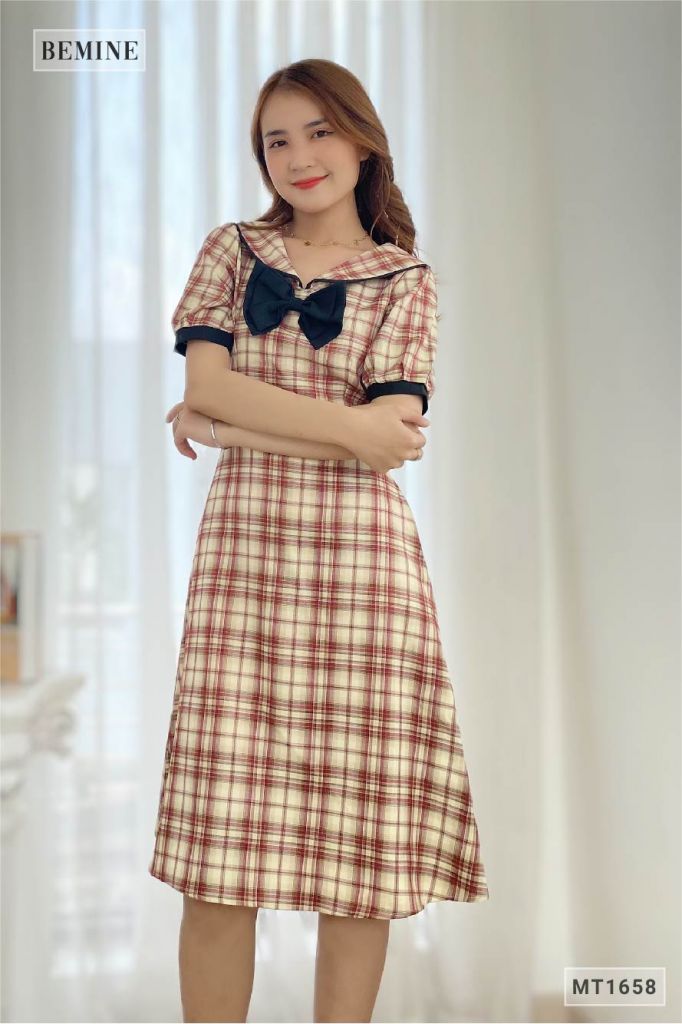 MT1658DO - Đầm caro phối tay nơ cổ