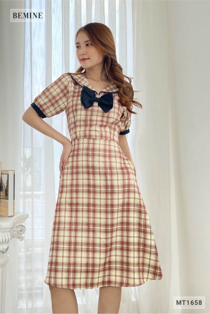 MT1658DO - Đầm caro phối tay nơ cổ
