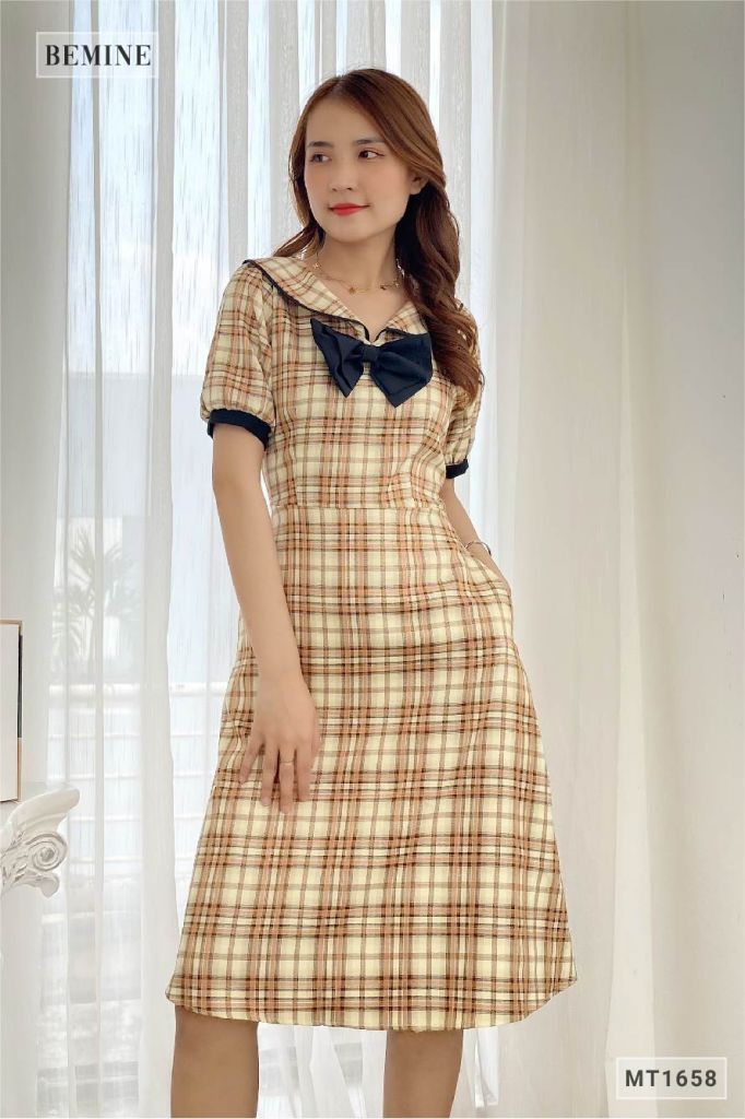 MT1658NAU - Đầm caro phối tay nơ cổ