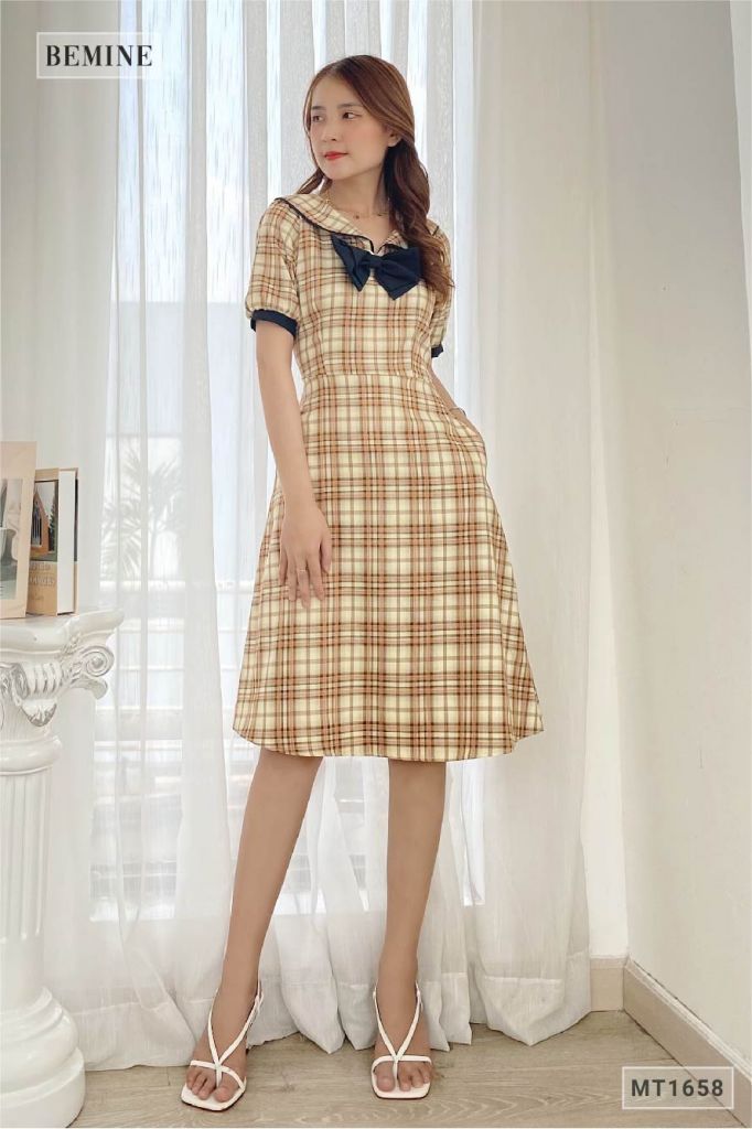 MT1658NAU - Đầm caro phối tay nơ cổ