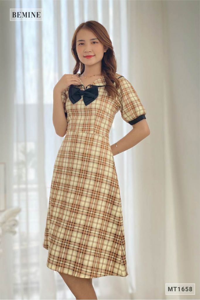 MT1658NAU - Đầm caro phối tay nơ cổ