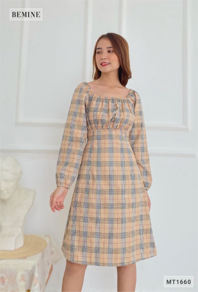 MT1660DA - Đầm caro tay dài cổ U chun eo