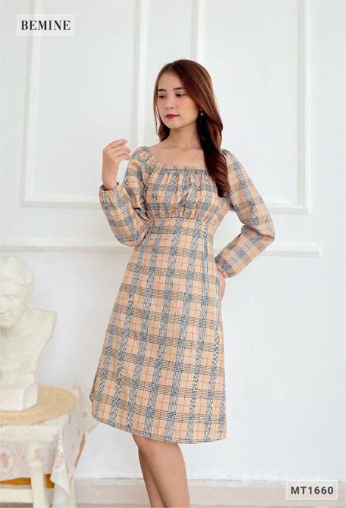 MT1660DA - Đầm caro tay dài cổ U chun eo