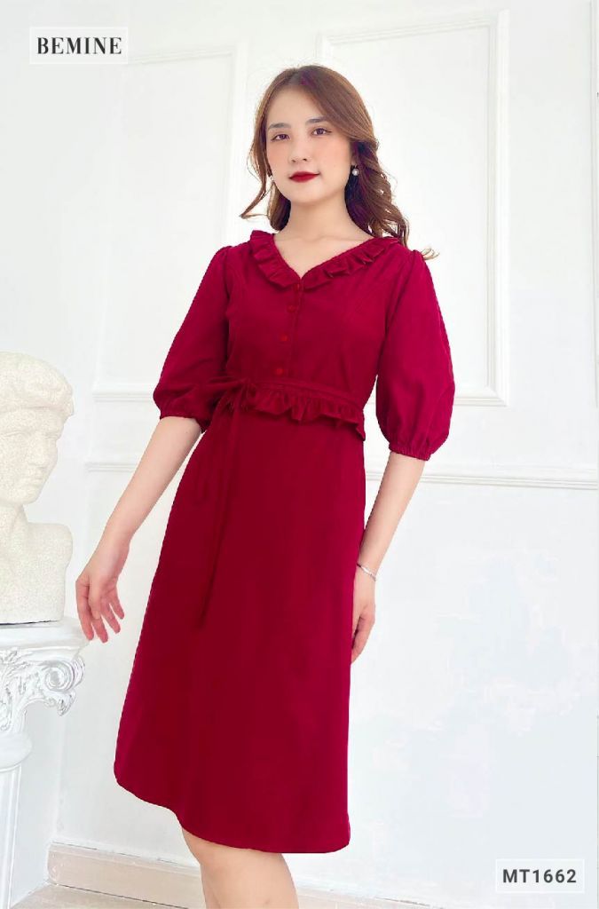 MT1662DO - Đầm cổ tim bèo eo tay lửng