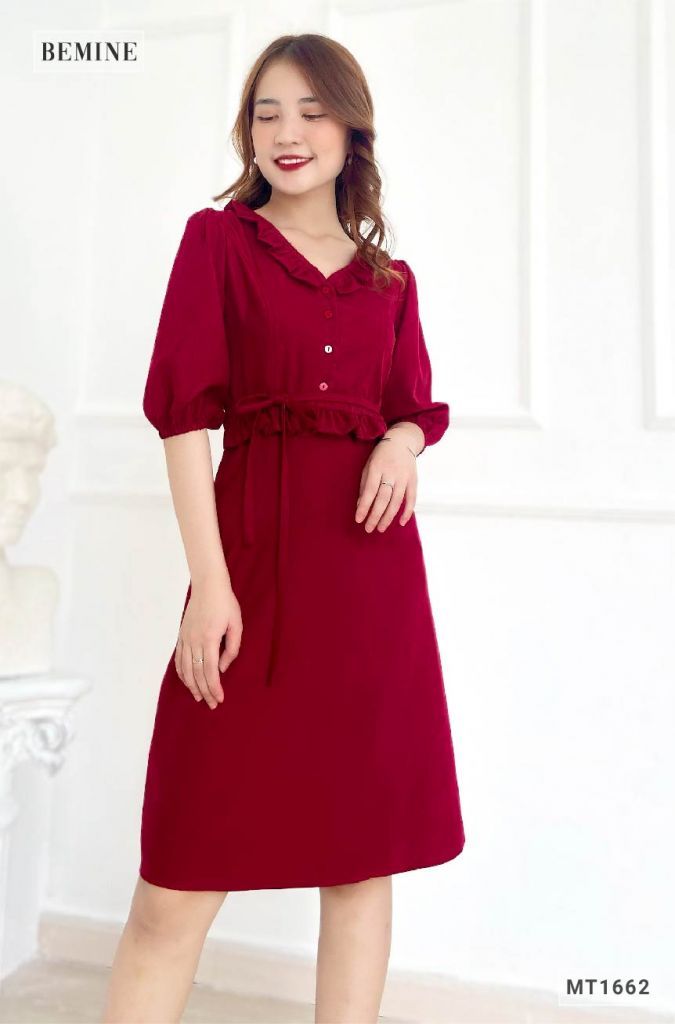 MT1662DO - Đầm cổ tim bèo eo tay lửng