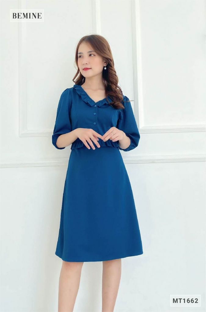 MT1662XANH - Đầm cổ tim bèo eo tay lửng