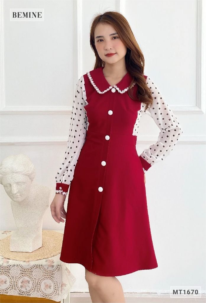 MT1670DO - Đầm cổ sơ mi tay phối