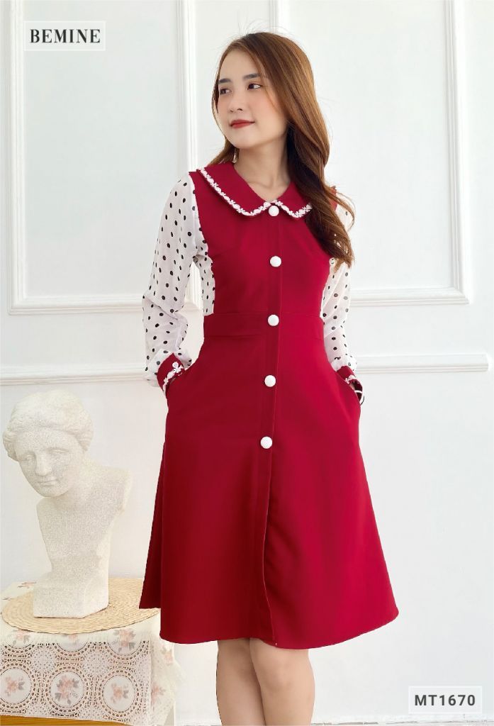 MT1670DO - Đầm cổ sơ mi tay phối