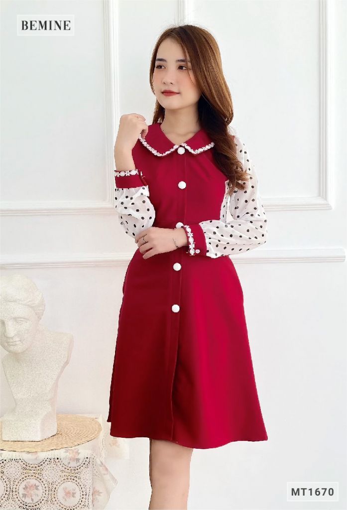 MT1670DO - Đầm cổ sơ mi tay phối