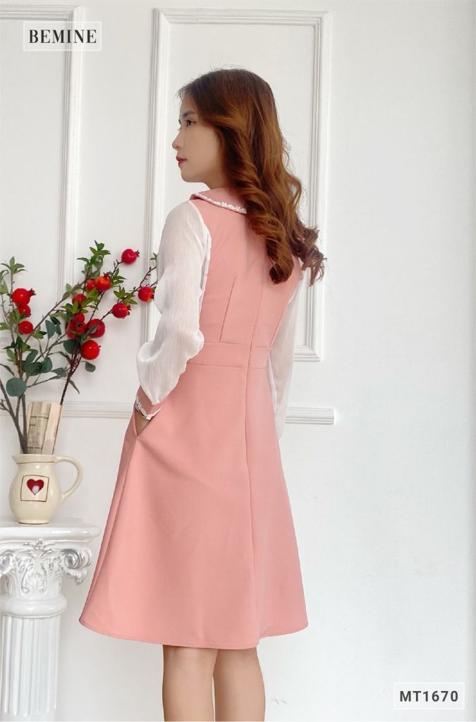 MT1670HONG - Đầm cổ sơ mi tay phối