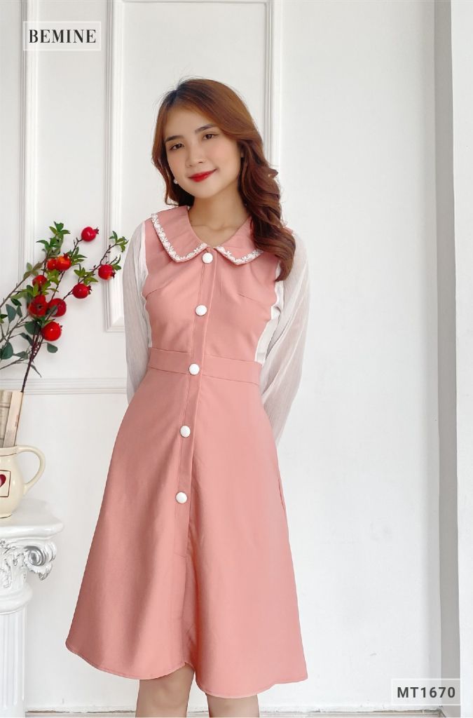 MT1670HONG - Đầm cổ sơ mi tay phối