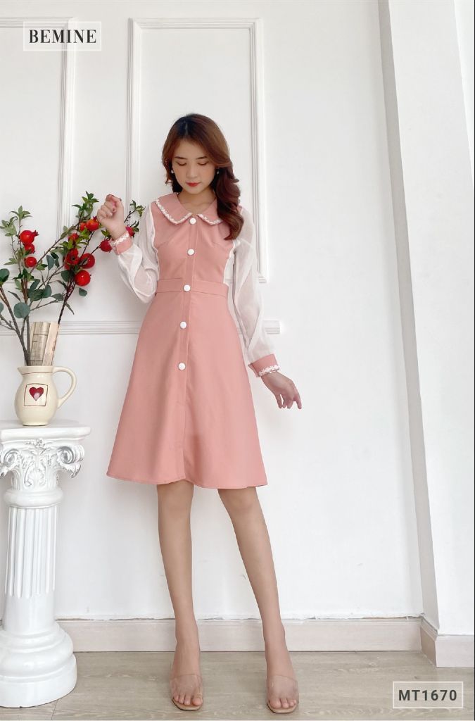 MT1670HONG - Đầm cổ sơ mi tay phối