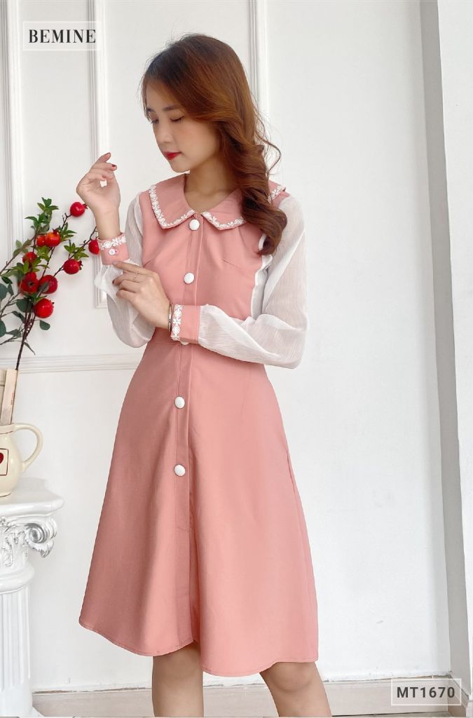 MT1670HONG - Đầm cổ sơ mi tay phối