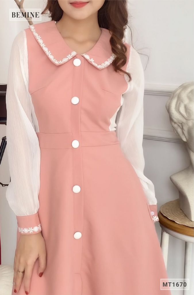 MT1670HONG - Đầm cổ sơ mi tay phối