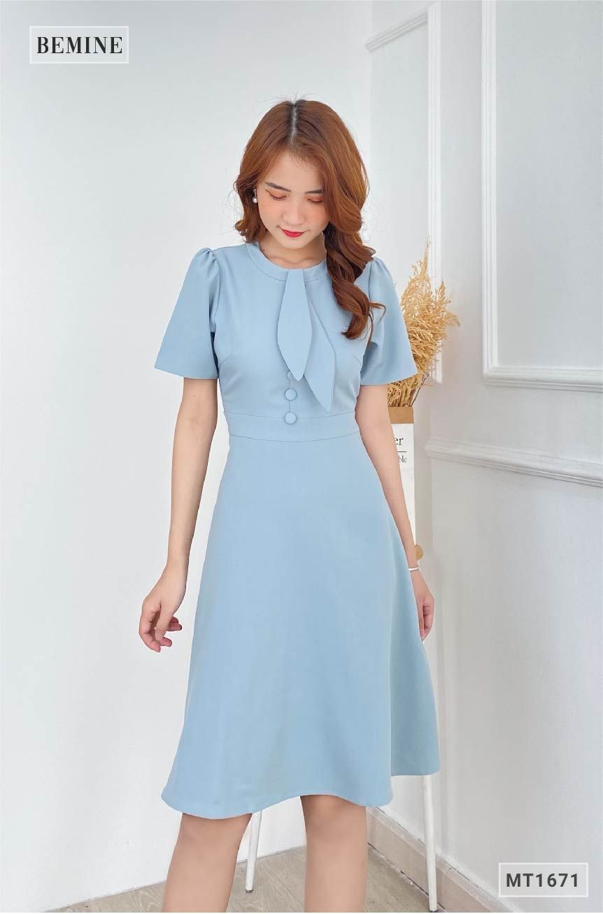 MT1671XANH - Đầm trụ nút nơ cổ đắp chéo