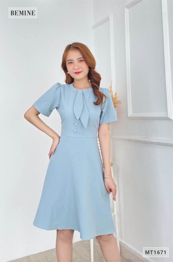 MT1671XANH - Đầm trụ nút nơ cổ đắp chéo