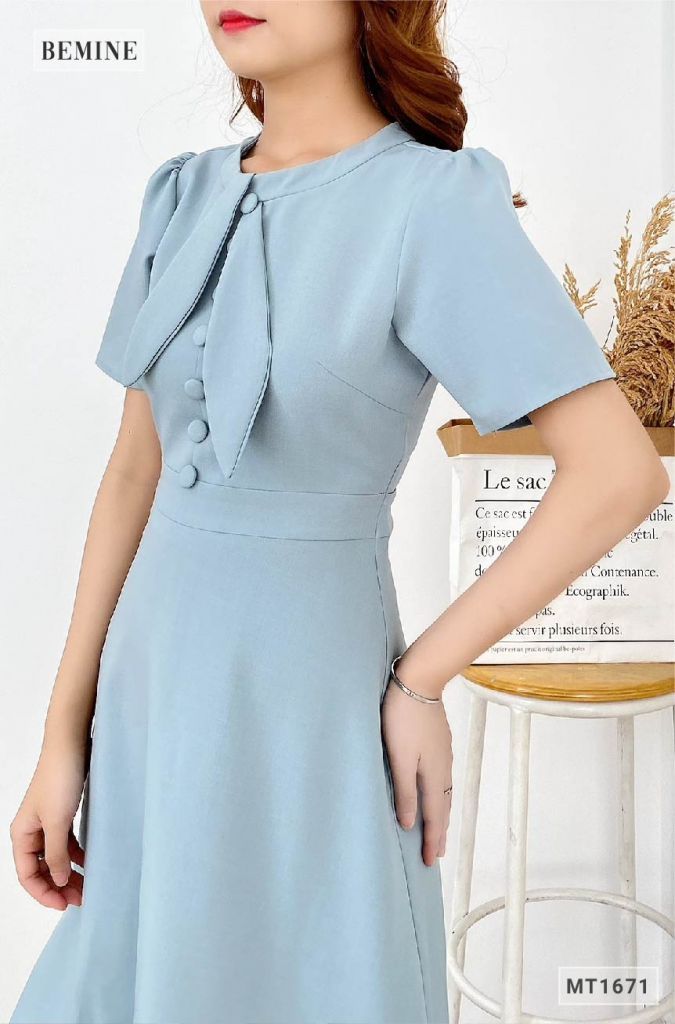 MT1671XANH - Đầm trụ nút nơ cổ đắp chéo