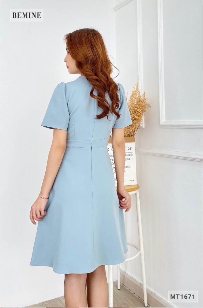 MT1671XANH - Đầm trụ nút nơ cổ đắp chéo