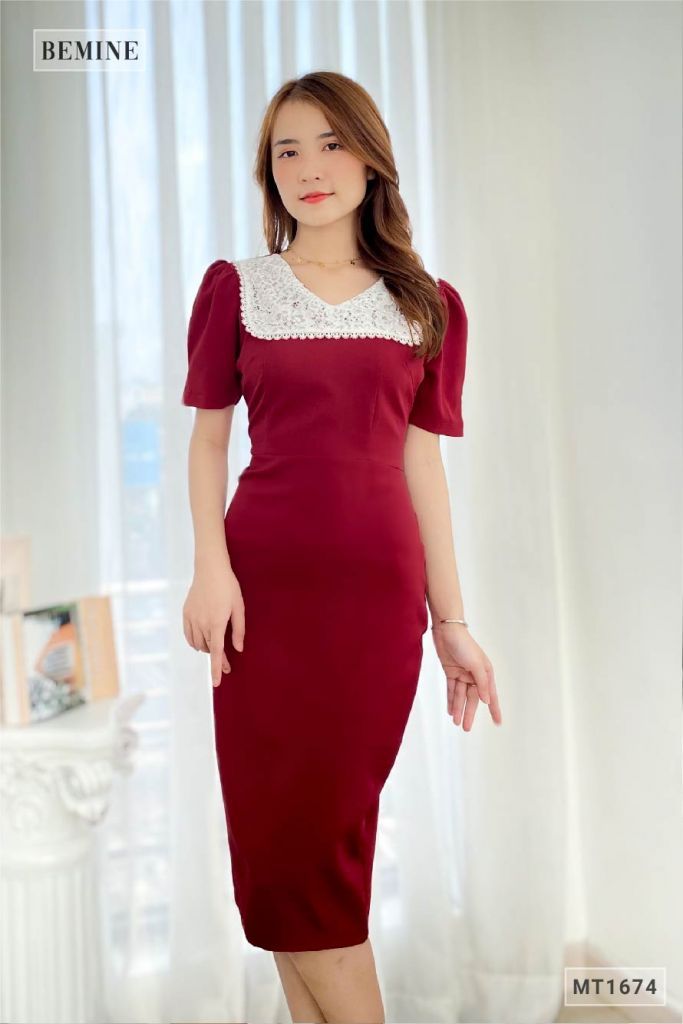 MT1674DO - Đầm body cổ tim cổ phối
