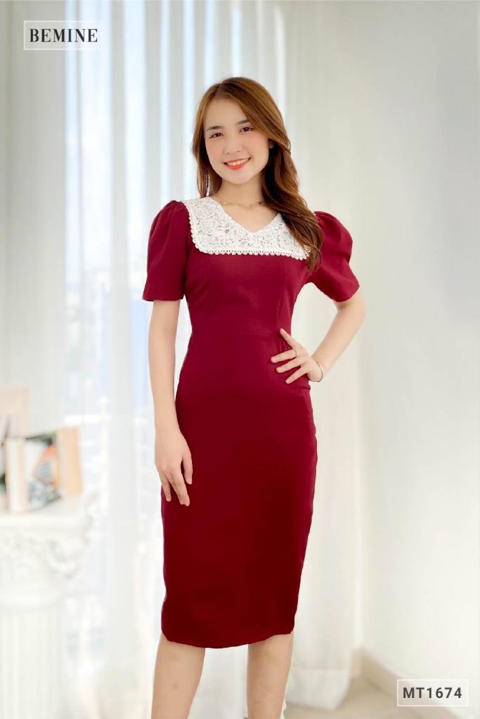 MT1674DO - Đầm body cổ tim cổ phối