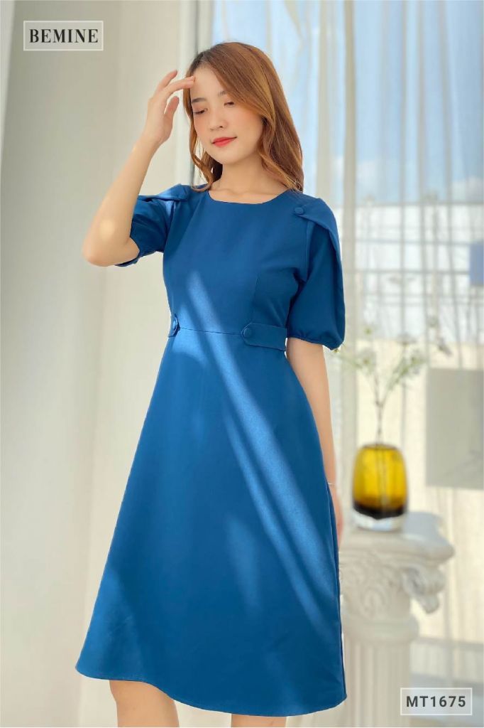 MT1675XANH - Đầm đai giả đính nút tay