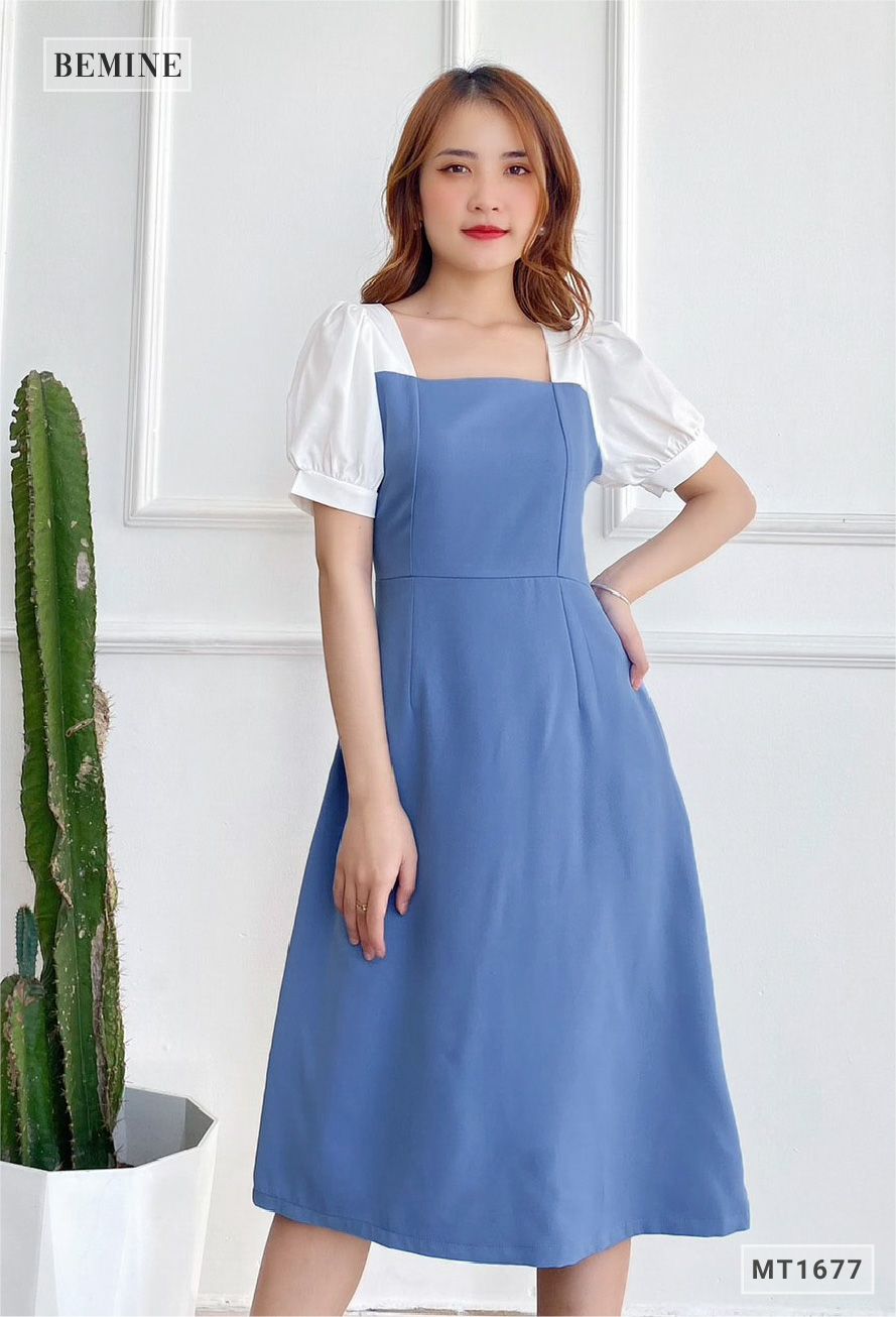MT1677XANH - Đầm suông cổ vuông tay phối