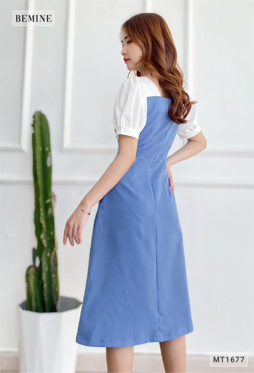 MT1677XANH - Đầm suông cổ vuông tay phối
