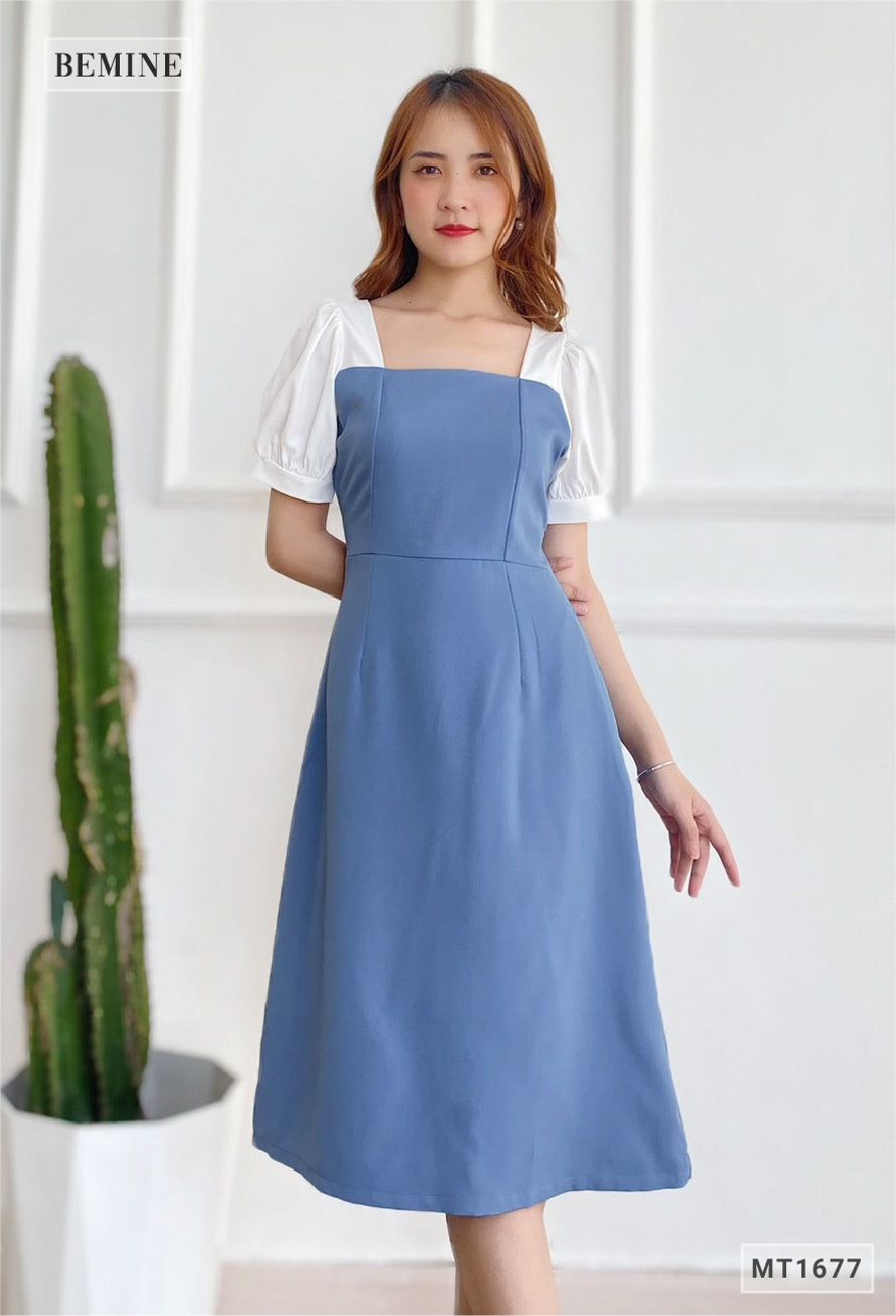 MT1677XANH - Đầm suông cổ vuông tay phối