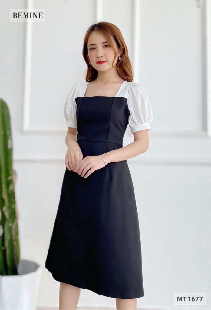 MT1677DEN - Đầm suông cổ vuông tay phối