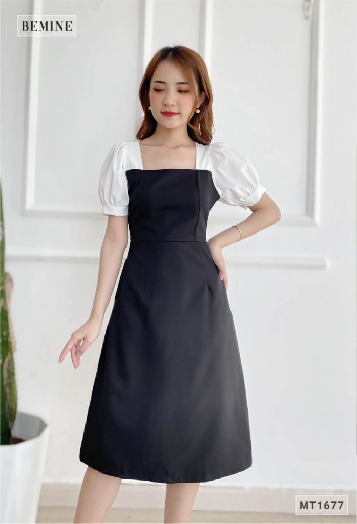 MT1677DEN - Đầm suông cổ vuông tay phối