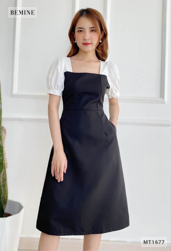 MT1677DEN - Đầm suông cổ vuông tay phối