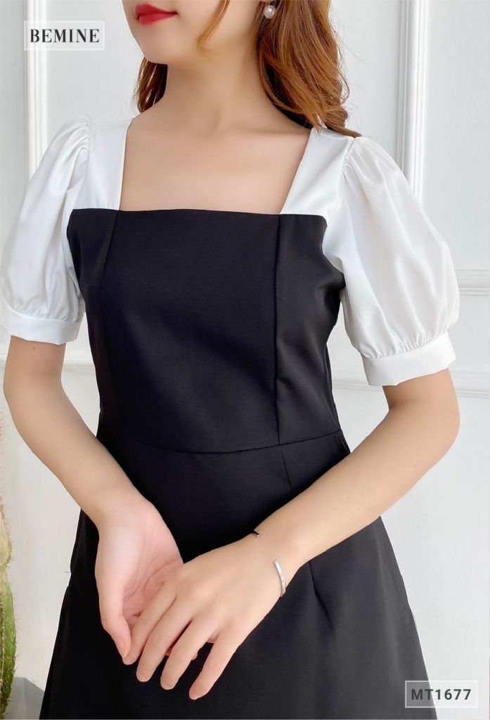 MT1677DEN - Đầm suông cổ vuông tay phối