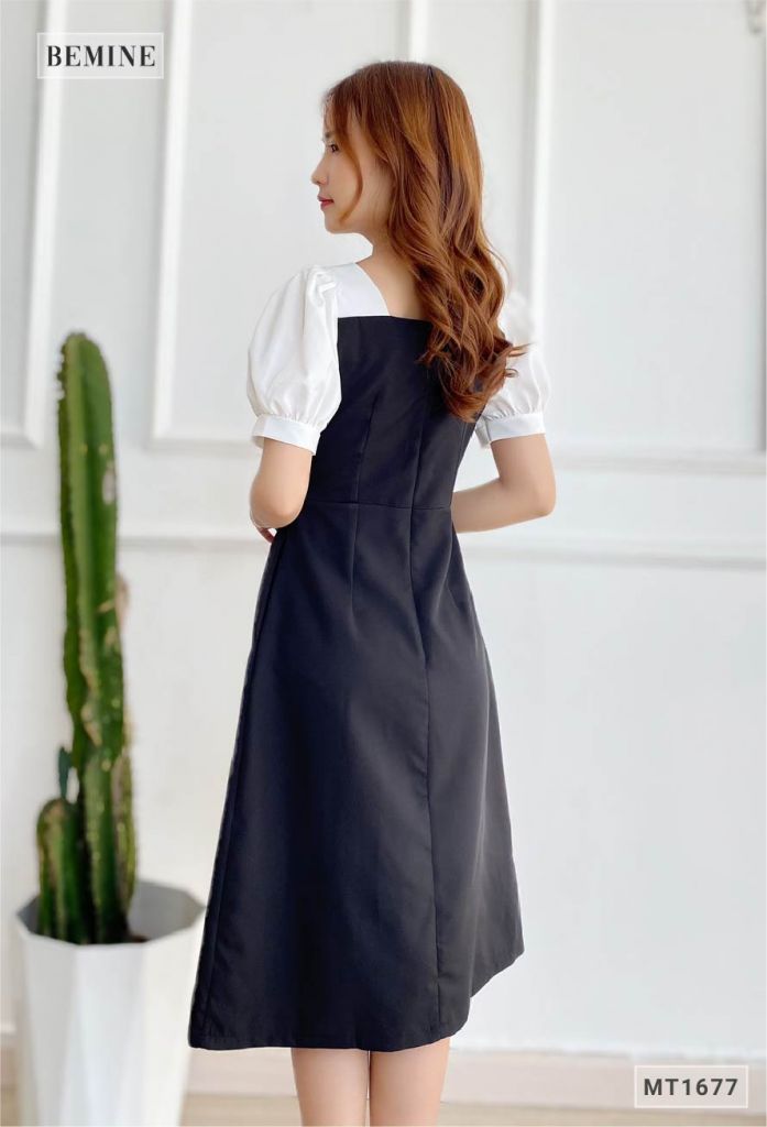 MT1677DEN - Đầm suông cổ vuông tay phối